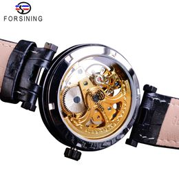 Forsining Retro Black Golden Skeleton Watches Blue Luminous Hands Genuine Leather Men's Mechanical Clock Transparent Wristwat241f