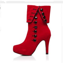 Designer-le Boots High Heels Fashion Red Shoes Woman Platform Flock Buckle Boots Ladies Shoes Female