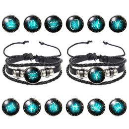 Black Braided Charm Real Leather Bracelets for Lovers Friendship New Mens Luminous 12 Constellations Layered Braided Wrap Bracelet Jewelry Gifts Wholesale
