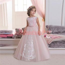 Lovely Pink Lace Flower Girls Dresses Tulle Beads Applique 2019 Girls Party Dress Baby Birthday Gowns Kids Formal Wear First Communion Dress