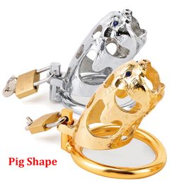 Pig Shape Male Zinc Alloy Chastity Device Belt Bird Metal Cage Penis Virgin Lock Cock Cage Restraint Ring Sex Toys Products For Men