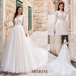 Bohemian Tmarmonia A Line Wedding Dresses V Neck Long Sleeve Tulle Lace Applique Pearls Wedding Gowns Sweep Train robe de mariée