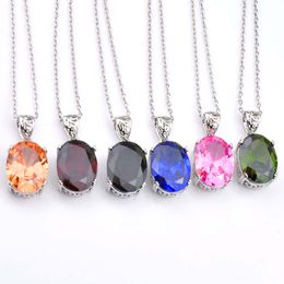 LUCKYSHINE Family Friends Gift Multi-color Oval Fire Topaz Gems 925 Sterling Silver Plated Jewellery Women Zircon Pendant Necklaces 5 pcs