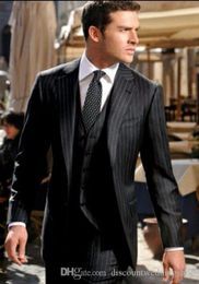 Black Stripe Man Work Business Suit Groom Wedding Tuxedos Mens Prom Party Dresses Set (Jacket+Pants+Vest+Tie) J203