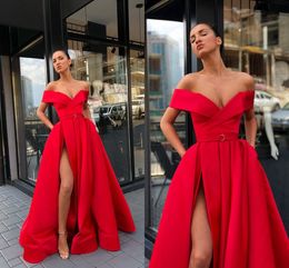 2019 High Split Off Shoulder Evening Dress Formal Dresses Draped Ruched Backless Prom Dress Long Red Special Occasion Dress Cheap