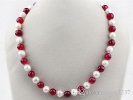 Beautiful!Long 24" 7-8mm Natural White Pearl & Red Jade Round Beads Necklace