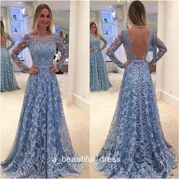 Sky Blue Evening Formal Dresses with Long Sleeve Vintage Full Lace Applique Sheer Back Dubai Middle East Occasion Evening Wear Dress ED1160