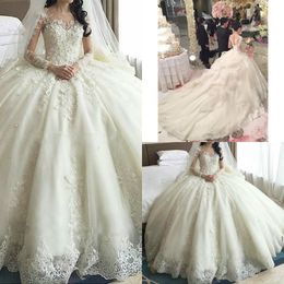 luxury ivory puffy ball gown lace wedding dresses with cathedral train organza beaded corset top Illusion long sleeve princess bridal gowns