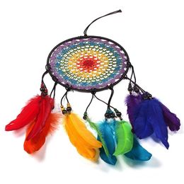 Handmade 7 Rainbow Colour Feather Dreamcatcher Wind Chimes Dream Catchers for Gifts DIY Wedding Home Decor Ornaments