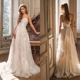 2020 Modest Birenzweig A Line Wedding Dresses Spaghetti Sleeveless Backless Lace Applique Sequins Wedding Gowns Sweep Train robe de mariée