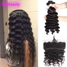 Indian Virgin Hair Loose Deep Three Bundles With 13 By 4 Frontal With Baby Hair Extensions 13X4 Lace Frontals