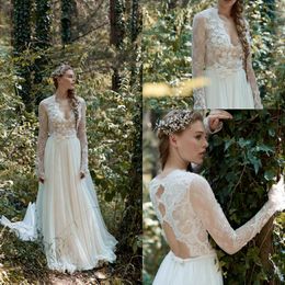 Modest A Line Maisonsignore Dresses V Neck Long Sleeve Tulle Lace Applique Hollow Ruched Wedding Gown Sweep Train robe de mariée