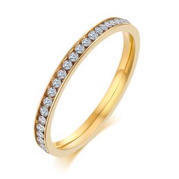 2mm Gold Pave Crystal Inlay Women's Delicate Rings in Stainless Steel Free Engraving