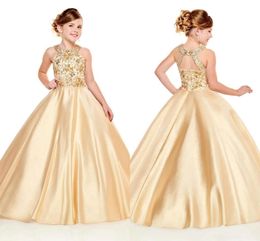 Gold Girls Pageant Dresses Halter A Line Beads Crystals Top Long Toddler Kids Formal Birthday Party Gowns Flower Girl Wear Dress BC3012