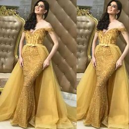 Gold Mermaid Prom Dresses Off Shoulder Lace Appliques Crystal Beaded With Detachable Train Arabic Party Dress Evening Wear Gowns