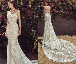 2019 Calla Blanche Mermaid Wedding Dresses Lace Applique V Neck Backless Country Bridal Gowns robe de mariée Sweep Train Beach Wedding Dress