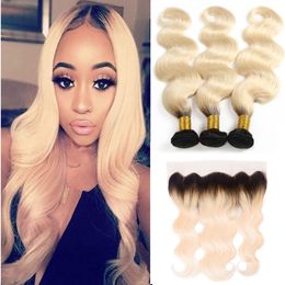 Peruvian 1B/613 Human Hair Body Wave Bundles With 13X4 Lace Frontal 1B 613 Hair Products 8-24inch Weaves With Closure Frontal Ear To Ear