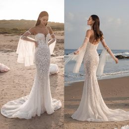 Bohemian Mermaid Modest Wedding Dresses Tulle Lace Applique Pears Formal Dress Detachable Sleeve Strapless Sweep Train Bridal Gowns