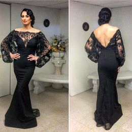Black Mermaid Lace Backless Evening Dresses Sheer Bateau Neck Long Sleeves Prom Gowns Floor Length Satin Formal Dress