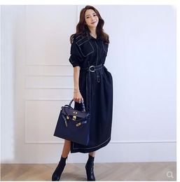 Primavera novo design moda coreana feminina gola virada para baixo estilo trincheira faixa de meia manga cintura fina vestido longo midi vestidos casuais