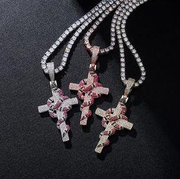 14K Gold Iced Python Cross Pendant Necklace Cubic Zirconia Diamonds Snake Cross Necklace Rapper DJ Singer Accessories