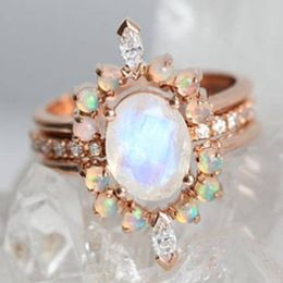 wedding proposal rings Canada - Women Fashion Rose Gold Ring Round White Fire Opal White Sapphire Diamond Jewelry Birthday Promise Proposal Engagement Wedding Rings for Wom