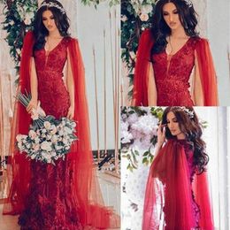 Exquisite Lace Mermaid Evening Dresses With Cape Slim 2020 Plus Size Middle East Arabic Formal Guest Wear Robe De Soiree Party Prom Gown
