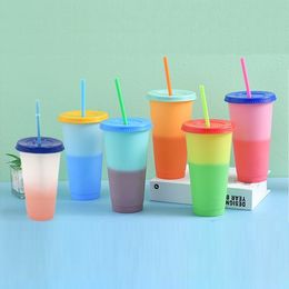 Creative Temperature Magical Change Color Cups Cold Water Color Changing Coffee Mug Colorful With Straws Plastic Water Cup T9I00428