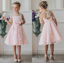 Elegant Blush Pink Communion Flower Girl Dress with Appliques Half Sleeves Knee Length Girls Pageant Gown with Ribbon Bows For Christmas