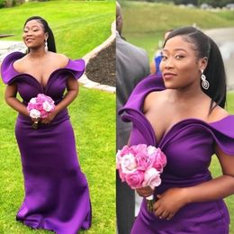 2022 African New Purple Off the Shoulder Mermaid Bridesmaid Dresses Ruffles Sweep Train Wedding Guest Gowns Maid Of Honour Dress Plus Size