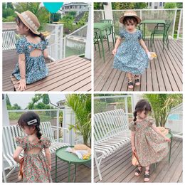 Kids Designer Clothes Girls Floral Dresses Backless Girl Princess Dress Puff Sleeve Children Maxi Dresses Summer Kids Clothing DHW3803