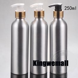 Free shipping 250ml silver Aluminium bottles with screw cream lotion pump containers , Aluminium bottle with gold pump 300pc/lot