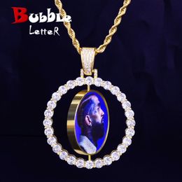 Custom Made Photo Rotating Double-sided Medallions Pendant Necklace 4mm Tennis Chain Zircon Men's Hip Hop Jewellery 2x1.65 Inch J190711