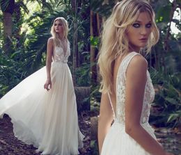 Sexy Deep V Neck Bohemian Wedding Dresses A-Line Chiffon V-Neck Backless Illusion Bodice Floor Length Country Bridal Gowns With Flowers