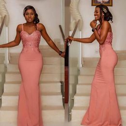 African Coral Bridesmaid Dresses Long Lace Appliques Spaghetti Straps Zipper Back Mermaid Wedding Guest Dress Maid of Honour Gowns B33