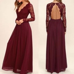 2020 New Lace Burgundy Bridesmaid Dresses Chiffon Skirt Illusion Bodice Long Sleeves A-Line Junior Counrtry Bridesmaids Dresses Cheap 4624