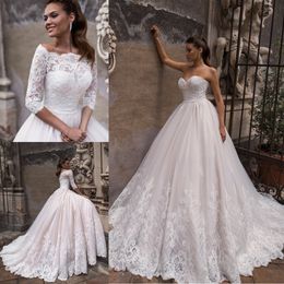 Stunning Lace Beaded Wedding Dresses With Long Sleeves Jacket Sweetheart Neck Appliqued Bridal Gowns Tulle Sweep Train robe de mariée