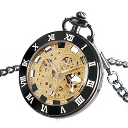 Ancient Vintage Black Case Unisex Watches Hand Wind Mechanical Pocket Watch Men Women Skeleton Clock Roman Numerals Dial Timepiece Pendant F