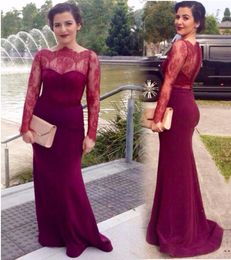 Burgundy Lace Mermaid Evening Dresses Boat Neck Sheer Long Sleeves Buttons Party Gowns Prom Dress Custom Cheap