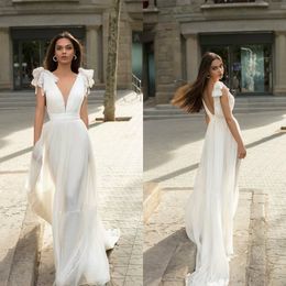 bohemian bridal dresses v neck ruffle sleeveless wedding dress backless sweep train simple custom made robes de marie