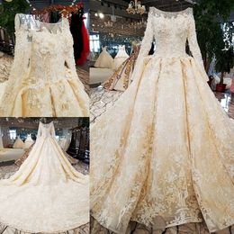 Royal Princess Ball Gown Wedding Dresses Luxurious Full Lace Apliques Sheer Neck Bridal Gowns Long Sleeve Wedding Dress