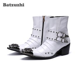 Batzuzhi Rock Handsome Men Boots Shoes Pointed Metal Toe 6.5cm Heels Leather Ankle Boots for Men White Motorcycle botas hombre