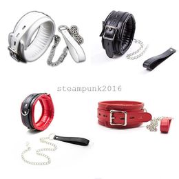 Bondage Lockable Leather Locking Neck Collar with Chain Leash Restraints Couple Game Fun AU876