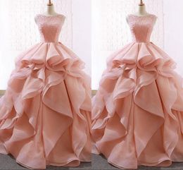 Blush Pink Ruffles Prom Dresses Ball Gowns Lace Empire Waist Quinceanera Dress For Sweet 16 Girls Pageant vestido de novia Formal Gowns