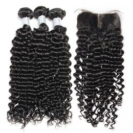 Brazilian Curly Virgin Human Hair Weaves 3 Bundles with Top Lace Closure 8A Brazillian Deep Jerry Curly Remy Hair Extensions Natural Colour