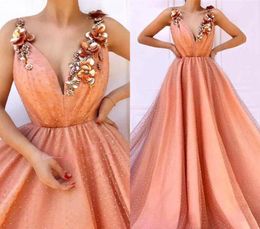 Orange Colour Prom Dresses A Line V Neck Flowers Holidays Graduation Wear Evening Party Gowns Plus Size