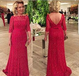 Red Colour Mother of the Bride Dresses Elegant Lace Backless Formal Groom Godmother Evening Wedding Party Guests Gowns Plus Size
