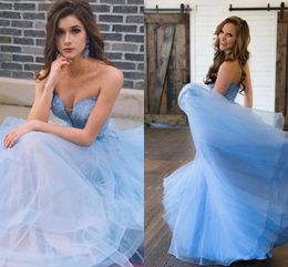 Baby Blue Tulle Prom Dresses 2019 Beaded Crystal Sweetheart Open Back Dresses Evening Wear Formal Gowns Party For Special Occasion Dress