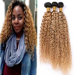 Light Brown Ombre Peruvian Curly Human Hair Extensions #1B 27 Dark Root Virgin Hair Weaves Kinky Curly Honey Blonde Ombre 3 Bundle Deals