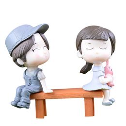 1Pair XBJ204 Sweety Lovers Couple On Chair Figurines Miniature Craft Fairy Garden Gnome Moss Terrarium Gift DIY Ornament Garden Decor